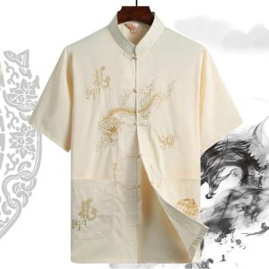 남성용 자수 드래곤 프린트 블라우스 상의  탕 세트 중국 전통 한푸 티셔츠  쿵푸 코트  아버지 오리엔탈 가디건  여름