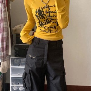 미국의 뜨거운 소녀  낙서 인쇄 여성을위한 긴팔 티셔츠 가을 슬리밍 짧은 바닥 셔츠 노란색 탑 INS-