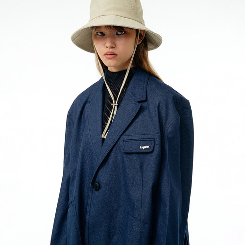 [르수기아뜰리에] Oversized pocket detail single-breasted blazer (Navy)