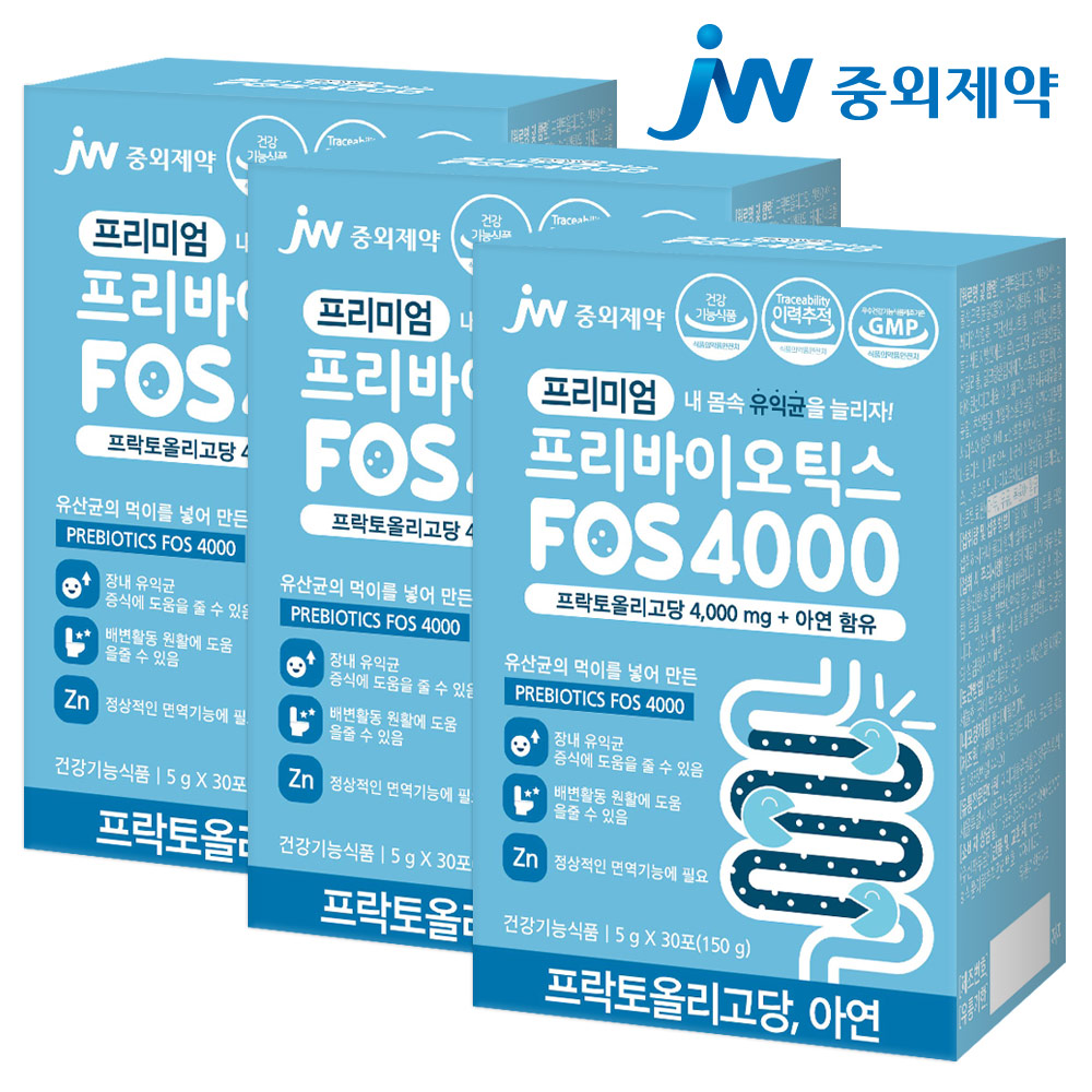 JW중외제약 <b>프리미엄</b> 프리바이오틱스 FOS 4000 플러스 아연 3박스 <b>프락토올리고당</b> 유산균  150g  3개