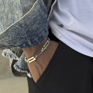 사각 스퀘어 패턴 볼드 캐주얼 포인트 유니크 티타늄 팔찌 [실버],No.008
