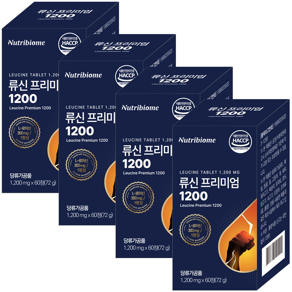 뉴트리바이옴(뉴바옴) 류신 프리미엄 1200 60 정 총 72000mg 아미노산 단백질 타블렛 <b>근육</b> l-leucine 산양유 루신 분리대두단백 분리유청단백  4개  60정