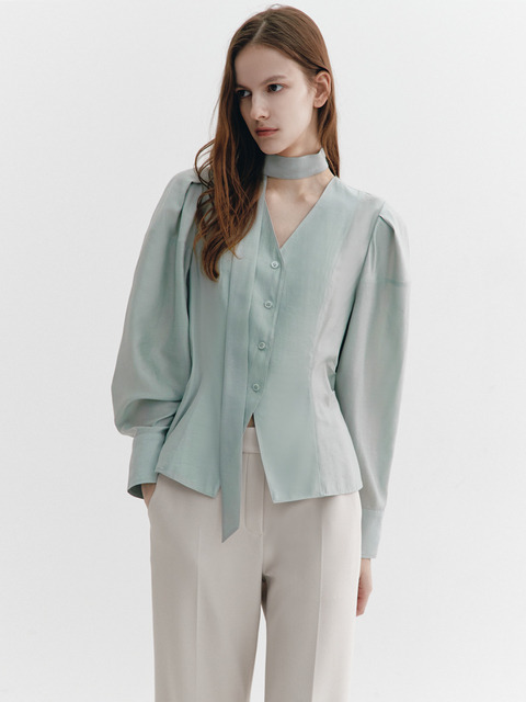 [그레이데시온] Tie-decorated Puffed sleeve Blouse MINT