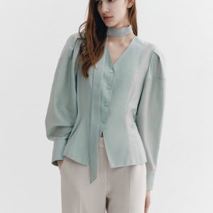 [그레이데시온] Tie-decorated Puffed sleeve Blouse MINT