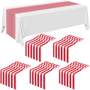 6피스 스트라이프 테이블 러너 웨딩 폴리에스테르 테이블 장식 빨간색 흰색 줄무늬 디자인 식탁보 실내 행사를 위한 우아한 장식 가족 만찬 야외 연회 파티 축하(12 X 108인치)