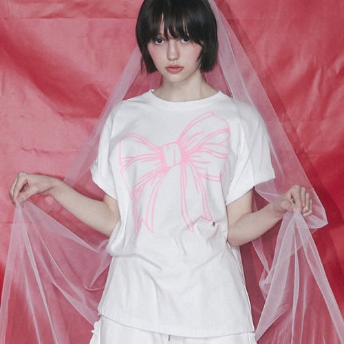 [론론] BIG RIBBON LINE T SHIRT WHITE PINK