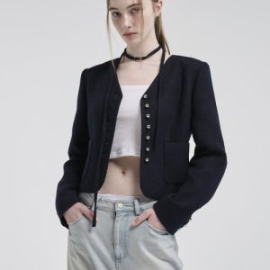 [에트몽] V-Neck Strap Tweed Jacket, Dark Navy 5004101366