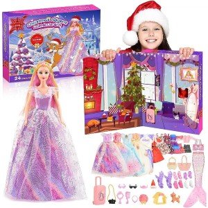 HappyGoLucky Advent 달력 2023 소녀 분홍색 금발 인형 1개 및 액세서리 소녀 장난감 및 크리스마스