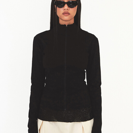 다이애그널 Bustier Ribbed Zip Up (Black)