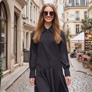 모던 러블리 블랙 카라넥 루즈핏 히든 버튼반오픈 프릴 원피스[카라 단추 셔츠 남방 긴팔 미디 롱 박시 박스 봄 가을 편한 데일리룩 여행룩 고급 브랜드 명품보세 러블리 날씬해보이는]