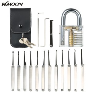 KKmoon 열쇠 수리공 전문가용 자물쇠 열쇠 따는 도구 15개와 투명 잠물쇠 세트 1세트