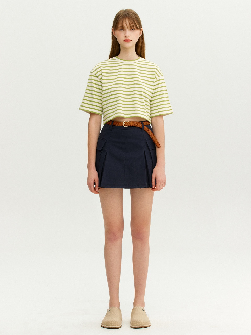 [앤유] VECCHIO Stripe crop T-shirt (Navy stripe/Light green stripe)