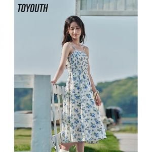 Toyouth 여성용 서스펜디드 드레스 2023 민소매 A 자형 루즈 블루 플로럴 프린트 해변 휴가 스타일 스커트