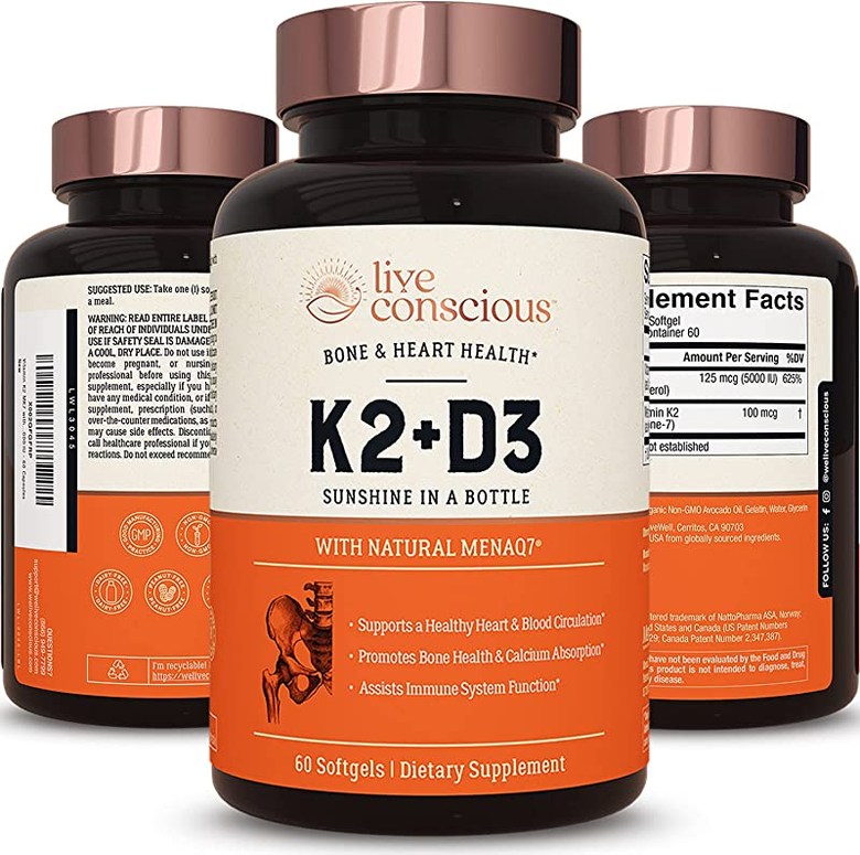 [캐로플] LiveWell의 D3 보충제가 포함된 <b>Live Conscious 비타민 K</b>2 MK7 뼈 ampamp 심장 건강 지원 - 특허받은 K 5000 IU 60 소프트젤  1개