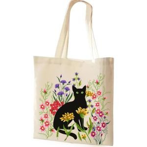 검은 고양이 캔버스 토트백 속주머니 빈티지 꽃 귀여운 여성용 에스테틱 쇼핑 재사용 가능한 식료품 가방
