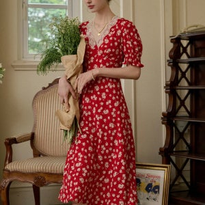 [심플레트로] SR_Red puff sleeve floral dress SR_Red puff sleeve floral dress