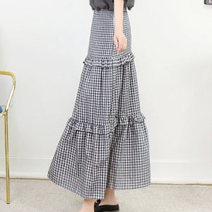 여심자극 블랙 체크 A라인 프릴 티어드밴딩 롱스커트[캉캉 패턴 면 패턴 허리 밴드 고무줄 긴 치마 풀 가벼운 봄 여름 가을 데일리룩 휴양지룩 바캉스룩 고급 브랜드 하의 편한 명품보