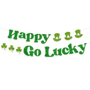 Happy Go Lucky Glitter Banner Saint Patricks Day Decorations Green Irish Leprechaun Hat Shamrock Clo