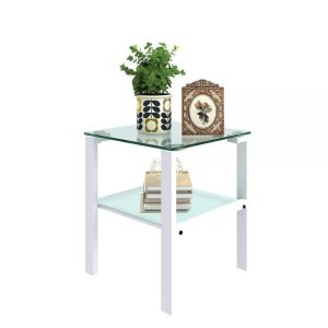 ICE ARMOR 2-Layer Glass Tea Small Side End Table for Bedroom Living Room