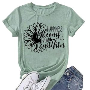 Flower Shirts for Women Cute Happiness Blooms from Within Letter Print Sunflower T Shirt Sum