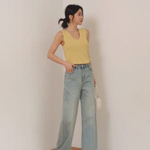 몽네 파우더워싱 세미와이드 데님팬츠