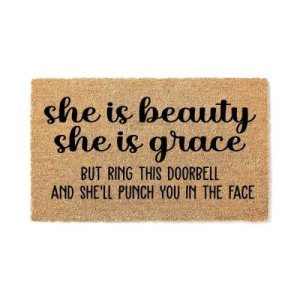 도어매트 She is Beauty Grace Will Punch You Funny Doormat Go Away Welcome Mat Gift