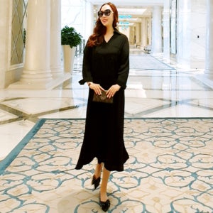 시크걸 블랙 카라넥 V트임 루즈핏 롱 원피스[프린세스걸 면 긴팔 박시 박스 브이넥 카라 포켓 셔츠 남방 봄 가을 편한 데일리룩 여행룩 고급 브랜드 명품보세 러블리 날씬해보이는]