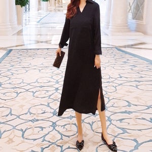 시크걸 블랙 카라넥 V트임 루즈핏 롱 원피스[프린세스걸 면 긴팔 박시 박스 브이넥 카라 포켓 셔츠 남방 봄 가을 편한 데일리룩 여행룩 고급 브랜드 명품보세 러블리 날씬해보이는]