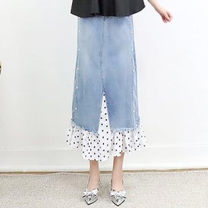 여심자극 진주 H라인 도트 쉬폰 배색 롱 데님 스커트(S~XL사이즈까지)[청치마 청스커트 땡땡이 포켓 유니크 봄 여름 가을 데일리룩 여행룩 나들이룩 휴양지룩 바캉스룩 편한 명품보세