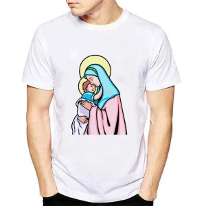 성모 마리아 꽃무늬 프린트 티셔츠  신의 어머니 예수 레트로 상의  블러디 메리 왕관 남성 코튼 티셔츠