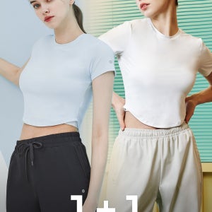 라운드 힙한스트릿티셔츠 크롭 에어로빅 숏 크롭반팔티 슬리브 1+1