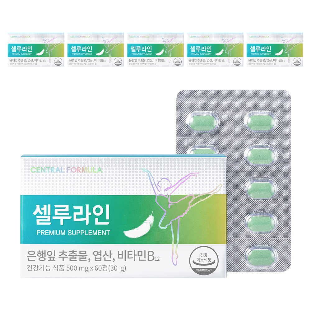 <b>센트럴포뮬러</b> 셀루라인 은행잎추출물 <b>엽산</b> 영양제  60정  6개  혈행 및