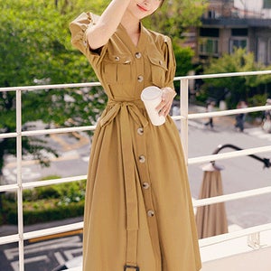 루시엔 백플랩 퍼프슬리브 사파리 벨트 원피스