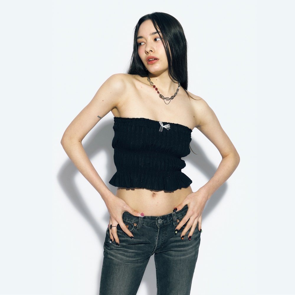 [에즈이프캘리] FRILL SHIRRING TUBE TOP BLACK