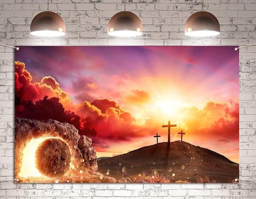 [아마존 공식]He is Risen 사진 부스 배경 부활절 기독교 십자가 부활 성주간 휴일 사진 배경 벽 장식 (1.5 x 2.8 m)
