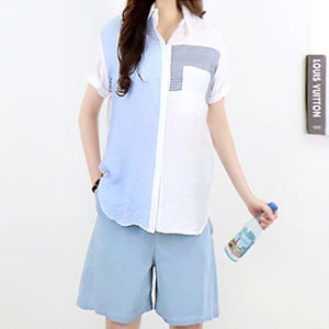 베스트 스타일링 블루 스트라이프 배색루즈핏 언밸런스 롱 셔츠[여름 카라 반팔 면 언발 패턴 박시 박스 셔링 긴 상의 데일리룩 여행룩 나들이룩 휴양지룩 바캉스룩 명품보세 고급 브랜드