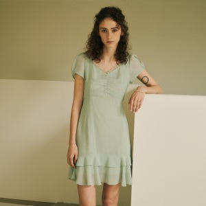 [오앨] FRONT SHIRRING MINI DRESS_OLIVE