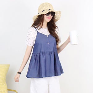 for me...도트 티 + 루즈핏 셔링 하이웨이스트데님 뷔스티에 블라우스 세트[여름 반팔 면 레이어드 룩 땡땡이 패턴 나염 라운드 박시 박스 상의 데일리룩 여행룩 나들이룩 휴양지
