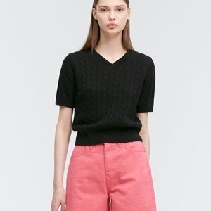 [몽돌] [From ITALY / 5color] 케이블 브이넥 세미크롭 반팔니트 MDKT053 MDKT053