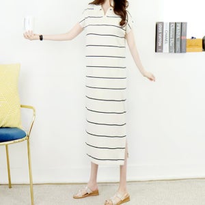 썸머 니트 크림 스트라이프 V트임 카라넥옆트임 캡소매 루즈핏 롱 원피스[프린세스걸 여름 배색 반팔 브이넥 면 박시 박스 패턴 시원한 긴 고급 데일리룩 여행룩 나들이룩 휴양지룩 바캉