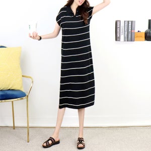 썸머 니트 블랙 스트라이프 V트임 카라넥옆트임 캡소매 루즈핏 롱 원피스[프린세스걸 여름 배색 반팔 브이넥 면 박시 박스 패턴 시원한 긴 고급 데일리룩 여행룩 나들이룩 휴양지룩 바캉
