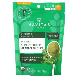 Navitas Organics <b>유기농</b> <b>슈퍼</b> 푸드 및 녹색 채소 혼합물 <b>모링가</b> 케일 및 밀싹 함유 180g(6.3oz)