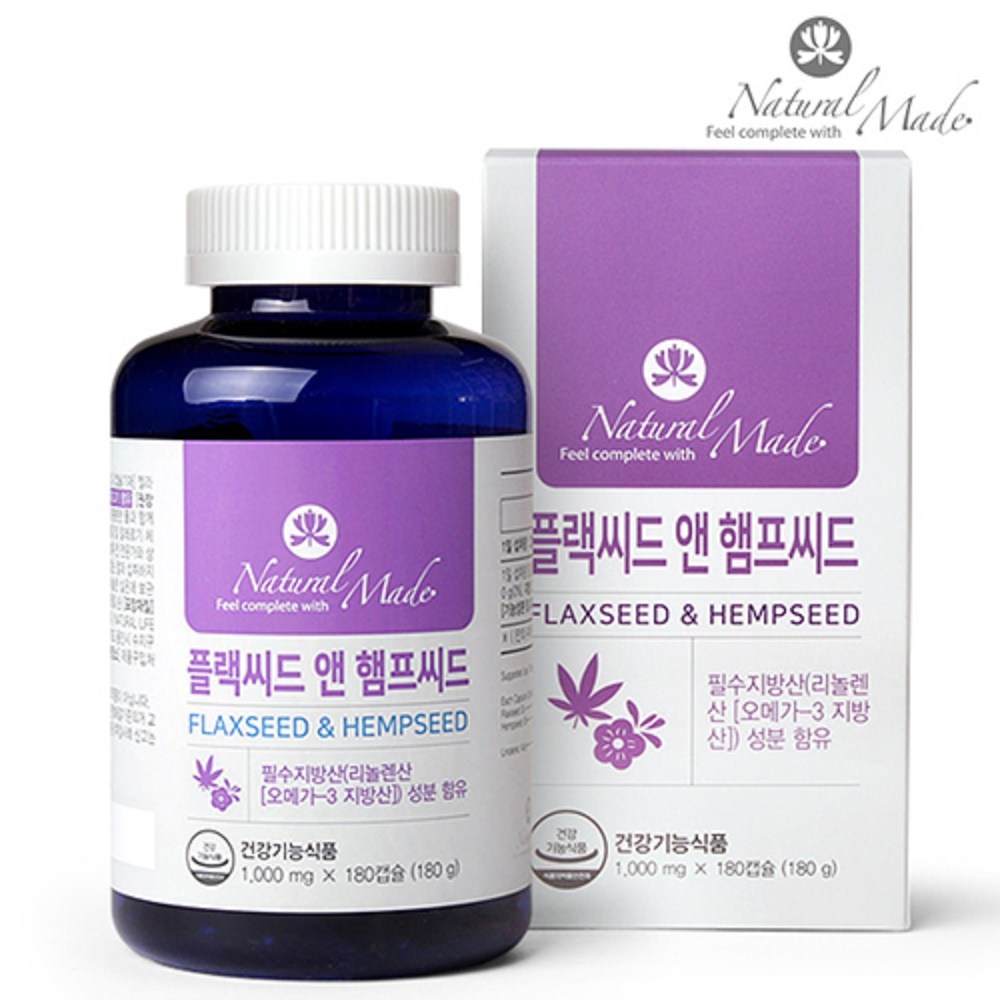 네츄럴<b>메이드</b> 플랙씨드앤햄프씨드180캡슐 오메가3<b>지방</b> 기능성 식약처 인정!  1개  180정