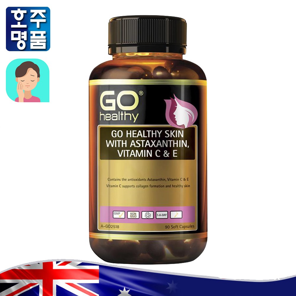 호주 프리미엄 <b>GO Healthy</b> 피부 Skin Astaxanthin Vitamin 비타민 C &amp; E 90 Soft Capsules  90캡슐  1개  90정