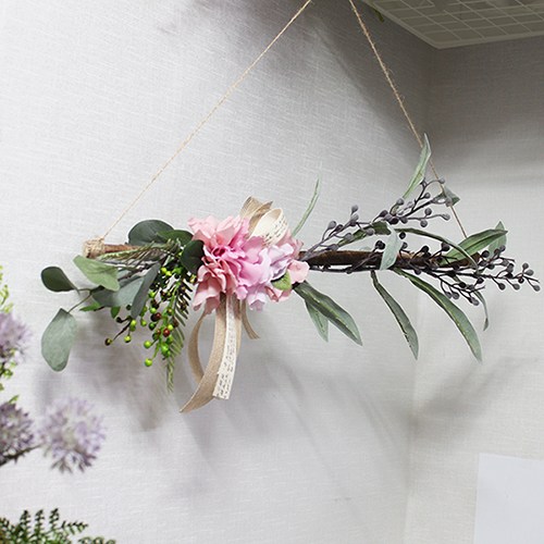 [Her1088] 미모사가지와 핑크수국 갈란드 행잉 가랜드 홈까페 소품모빌 벽장식형 홈캉스소품 가을소품