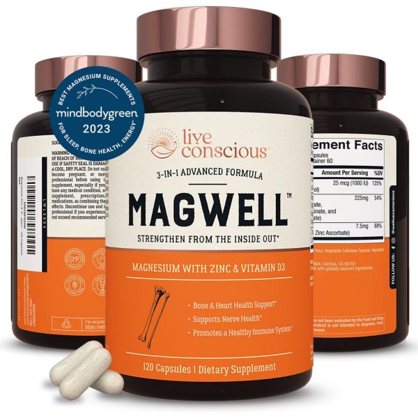 <b>Live Conscious</b> Magwell 마그네슘 아연 <b>비타민 D3</b> 글리시네이트 120 캡슐  1개  120정