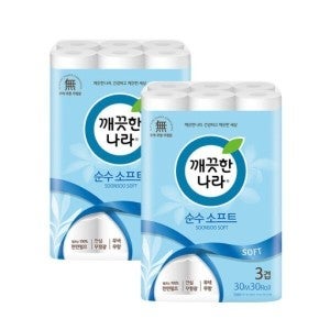 깨끗한나라 깨끗한나라 순수소프트 3겹 30m 30롤x2팩 프리미엄 두툼한 두루마리 화장지 휴지