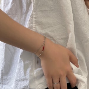 [써지컬스틸] 미니 레드 비즈 얇은 체인 팔찌, 만원샵