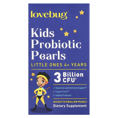 LoveBug Probiotics <b>어린이용 프로바이오틱</b> 펄, 만 4세 이상, 30억CFU, 삼키기 쉬운 진주 60정