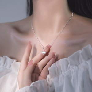 매트 스크래치 텍스쳐 유니크 포인트 체인 볼륨 통통 하트 팬던트 데일리 여성 목걸이 [실버] ,No.481